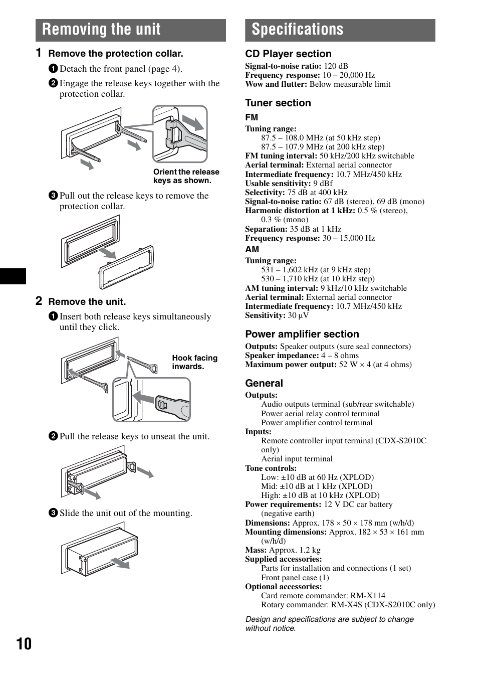 Removing the unit, Specifications, Removing the unit specifications | 10 removing the unit | Sony CDX-S2010T User Manual | Page 10 / 40