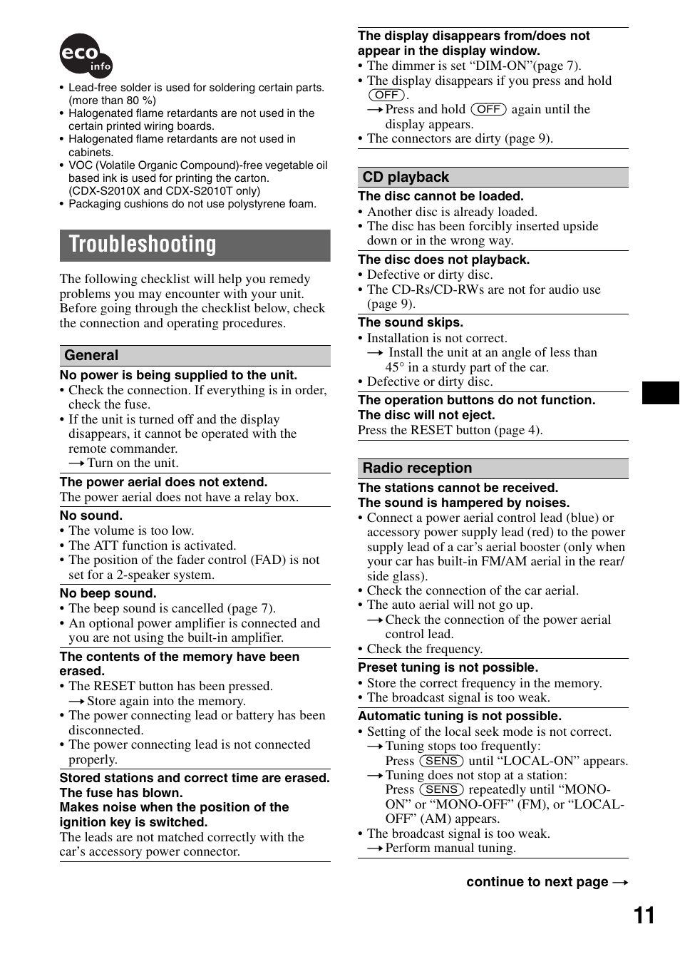 Troubleshooting | Sony CDX-S2010T User Manual | Page 11 / 40