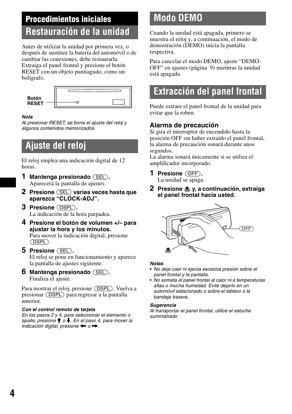 Procedimientos iniciales, Restauración de la unidad, Ajuste del reloj | Modo demo, Extracción del panel frontal | Sony CDX-S2010T User Manual | Page 16 / 40