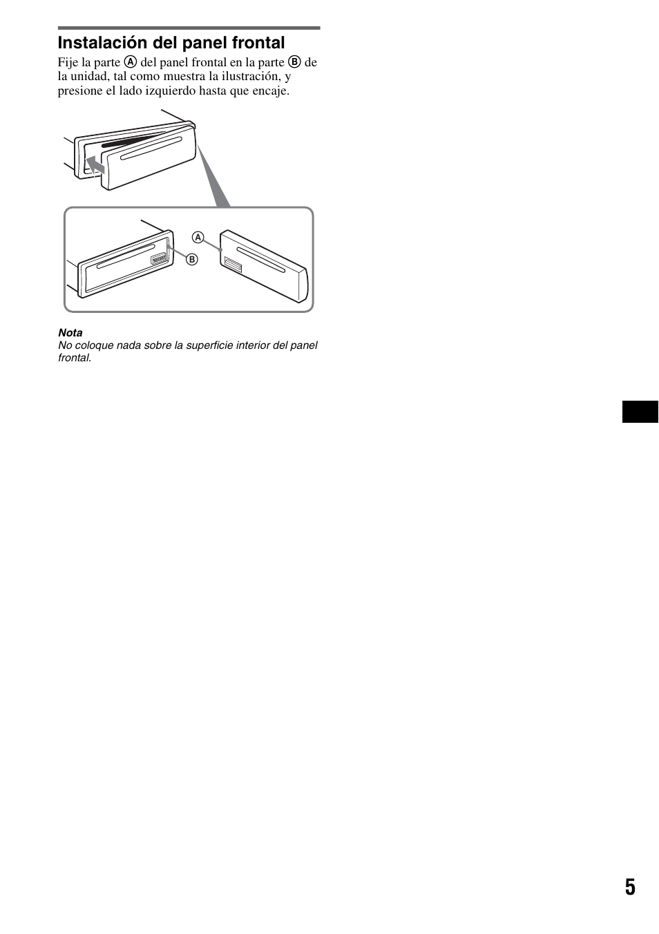 Instalación del panel frontal | Sony CDX-S2010T User Manual | Page 17 / 40
