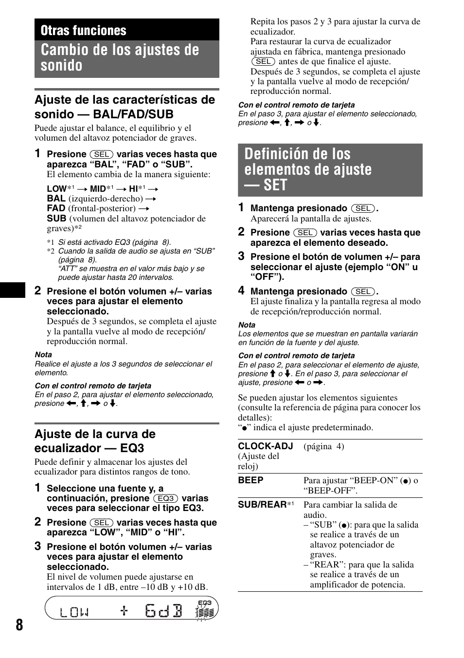 Otras funciones, Cambio de los ajustes de sonido, Ajuste de la curva de ecualizador - eq3 | Definición de los elementos de ajuste - set, Definición de los elementos de ajuste — set, Ajuste de la curva de ecualizador — eq3 | Sony CDX-S2010T User Manual | Page 20 / 40