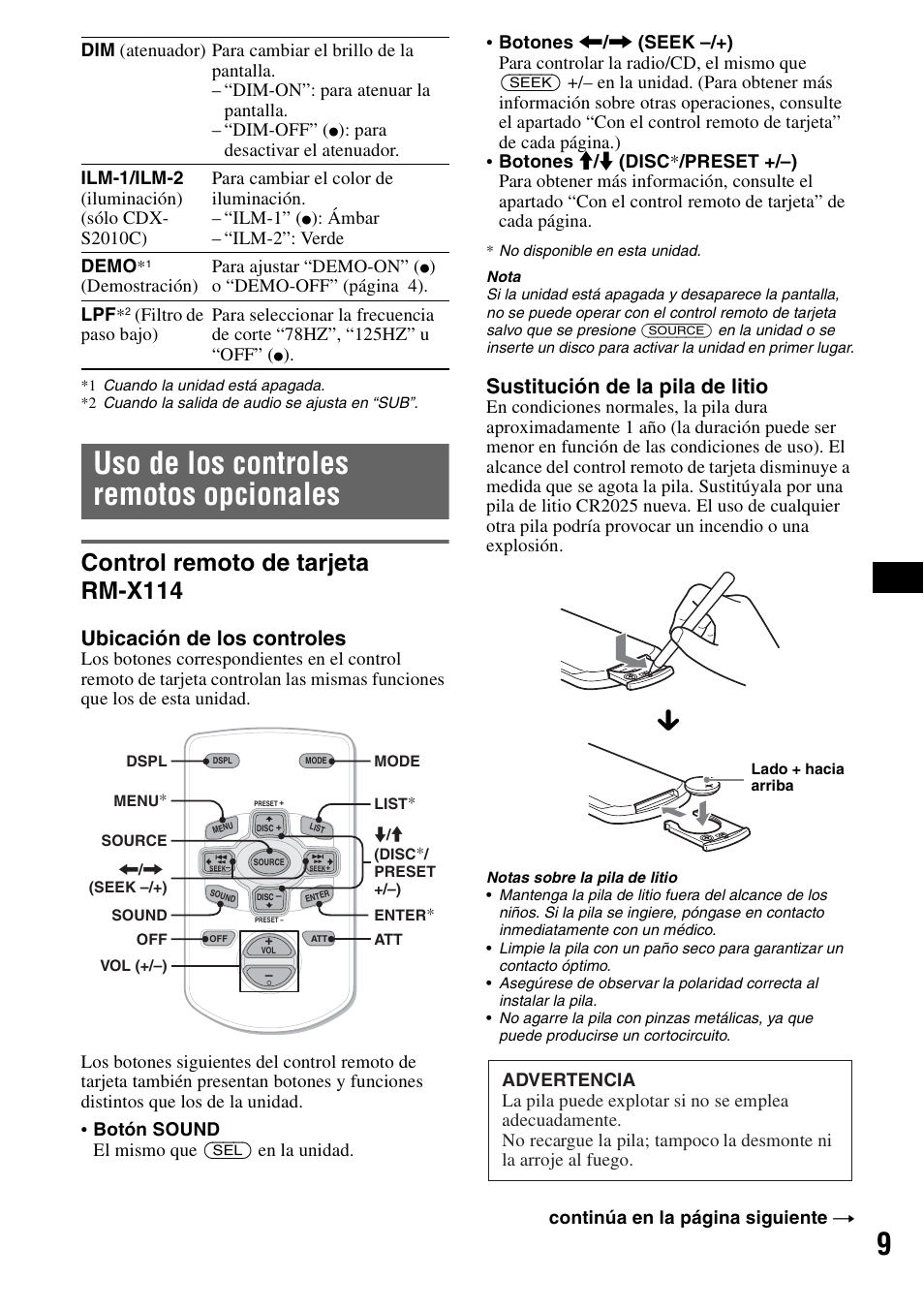 Uso de los controles remotos opcionales, Control remoto de tarjeta rm-x114, Ubicación de los controles | Sustitución de la pila de litio, Ámbar – “ilm-2”: verde demo, Demostración) para ajustar “demo-on, O “demo-off” ( página 4) . lpf, Continúa en la página siguiente t | Sony CDX-S2010T User Manual | Page 21 / 40