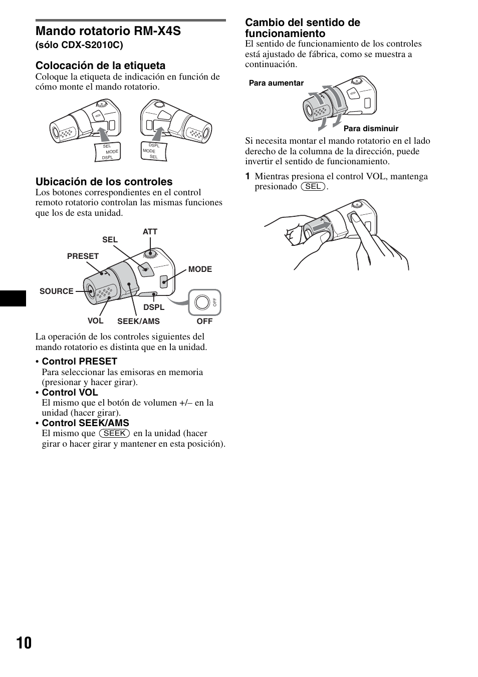 Mando rotatorio rm-x4s, Colocación de la etiqueta, Ubicación de los controles | Cambio del sentido de funcionamiento | Sony CDX-S2010T User Manual | Page 22 / 40