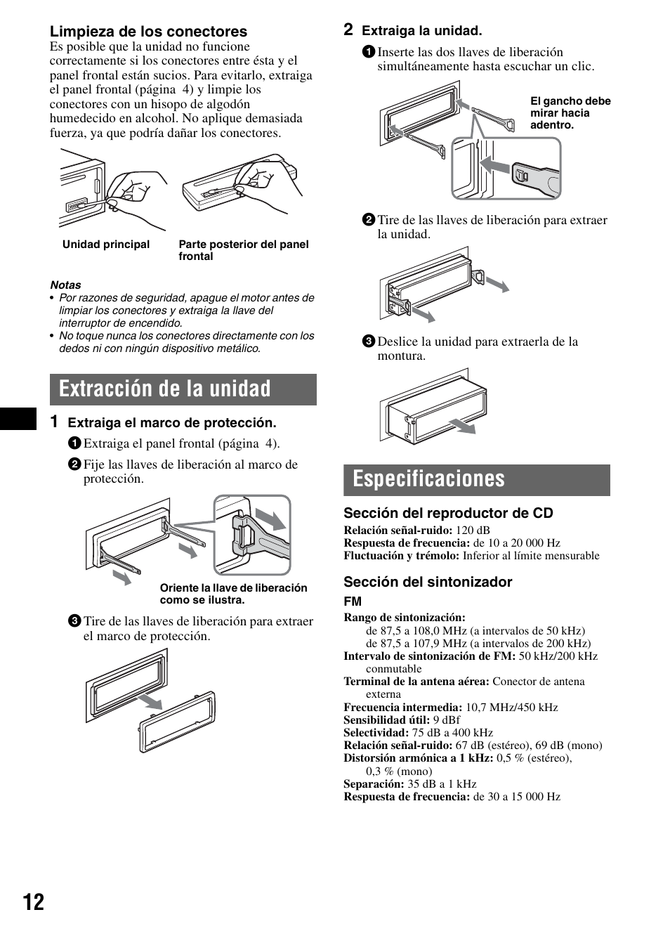Extracción de la unidad, Especificaciones, Extracción de la unidad especificaciones | Sony CDX-S2010T User Manual | Page 24 / 40