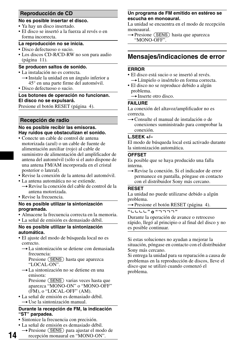 Mensajes/indicaciones de error | Sony CDX-S2010T User Manual | Page 26 / 40