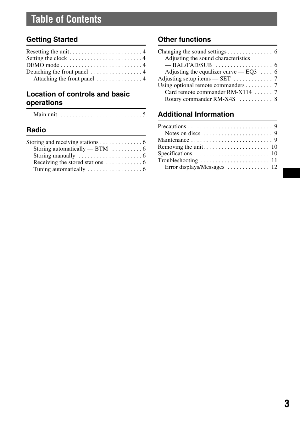3table of contents | Sony CDX-S2010T User Manual | Page 3 / 40