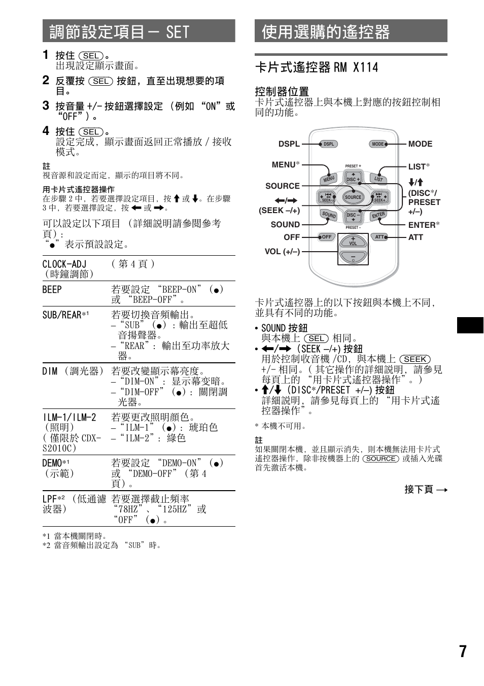 調節設定項目－ set, 使用選購的遙控器, 卡片式遙控器rm- x114 | 調節設定項目－ set 使用選購的遙控器, 卡片式遙控器 rm- x114, 7調節設定項目－ set, 控制器位置 | Sony CDX-S2010T User Manual | Page 33 / 40