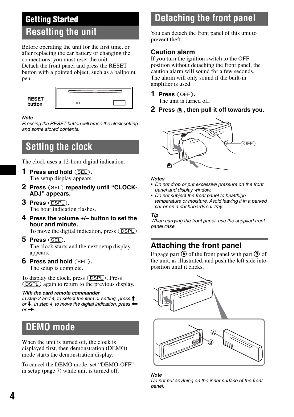 Getting started, Resetting the unit, Setting the clock | Demo mode, Detaching the front panel, Attaching the front panel | Sony CDX-S2010T User Manual | Page 4 / 40