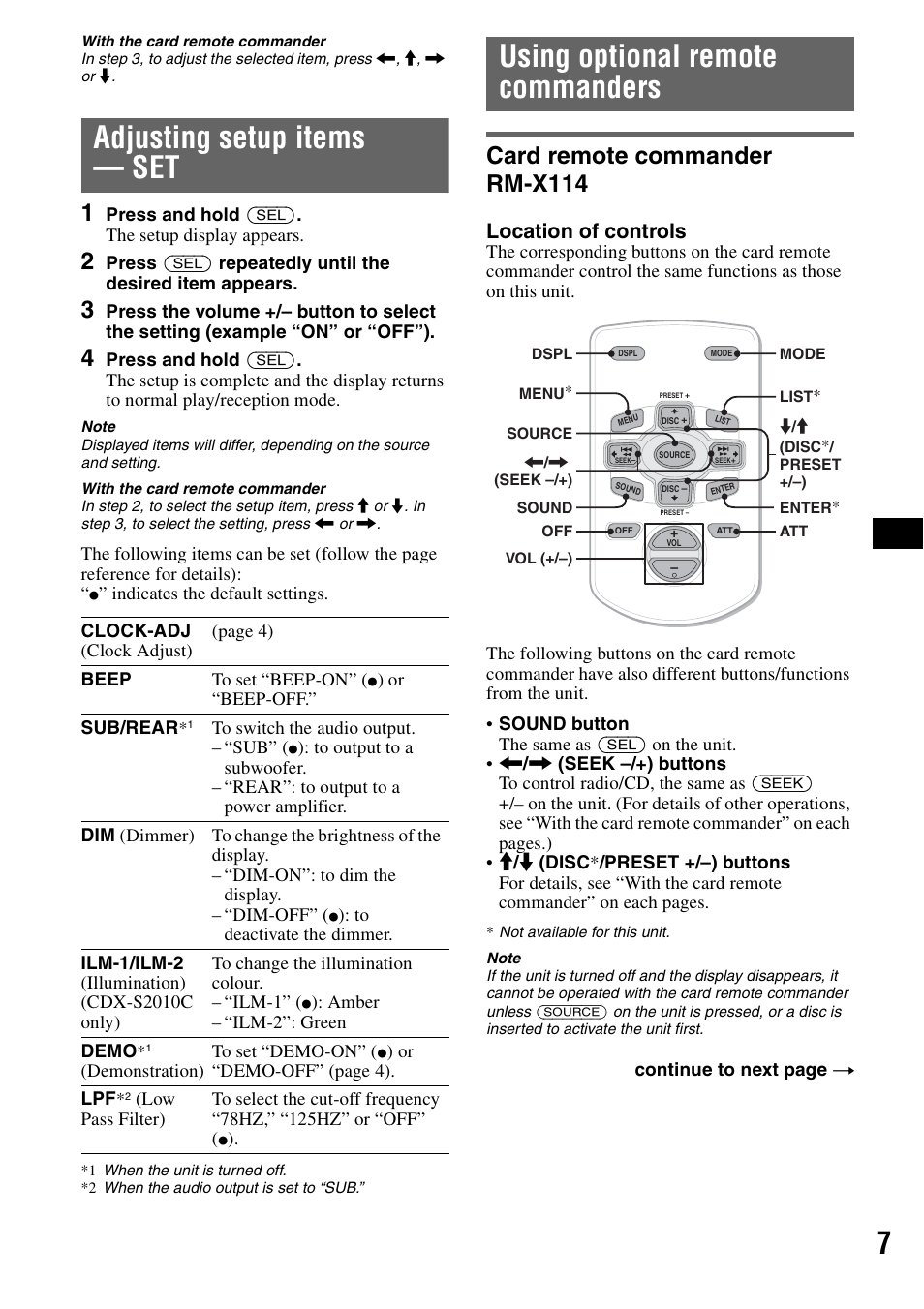 Adjusting setup items - set, Using optional remote commanders, Card remote commander rm-x114 | Adjusting setup items — set, Location of controls | Sony CDX-S2010T User Manual | Page 7 / 40