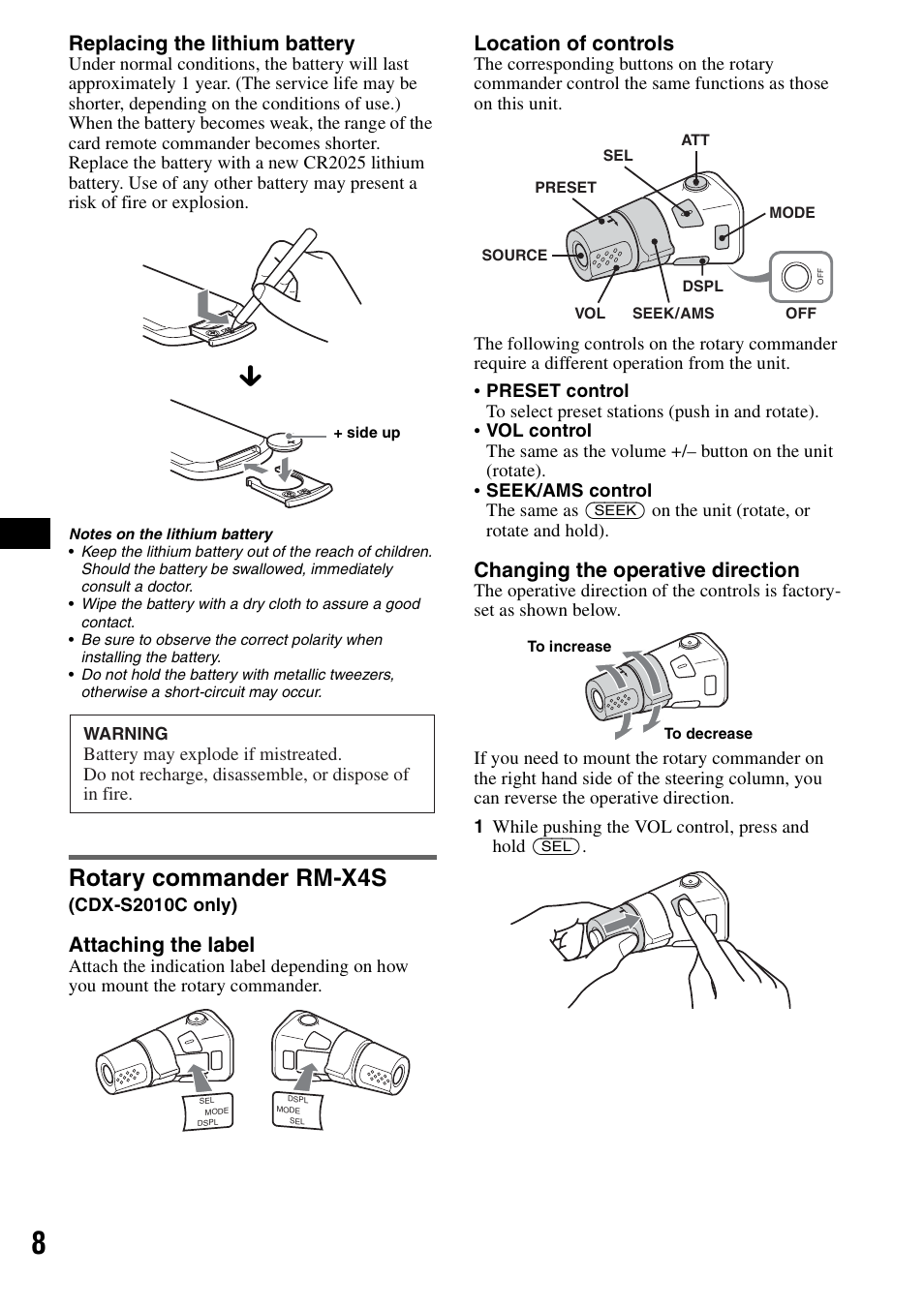 Rotary commander rm-x4s, Replacing the lithium battery, Attaching the label | Location of controls, Changing the operative direction | Sony CDX-S2010T User Manual | Page 8 / 40