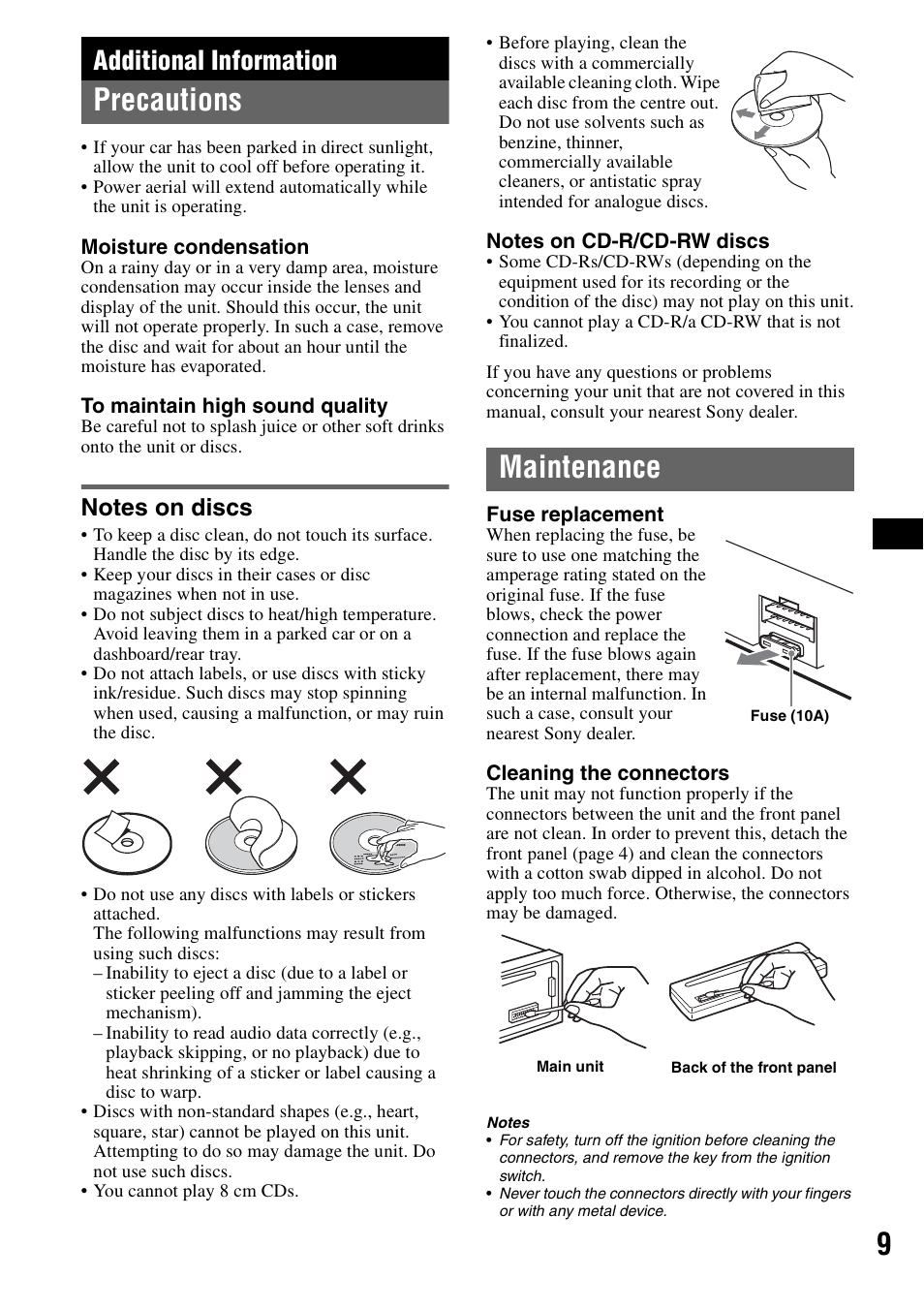 Additional information, Precautions, Notes on discs | Maintenance | Sony CDX-S2010T User Manual | Page 9 / 40