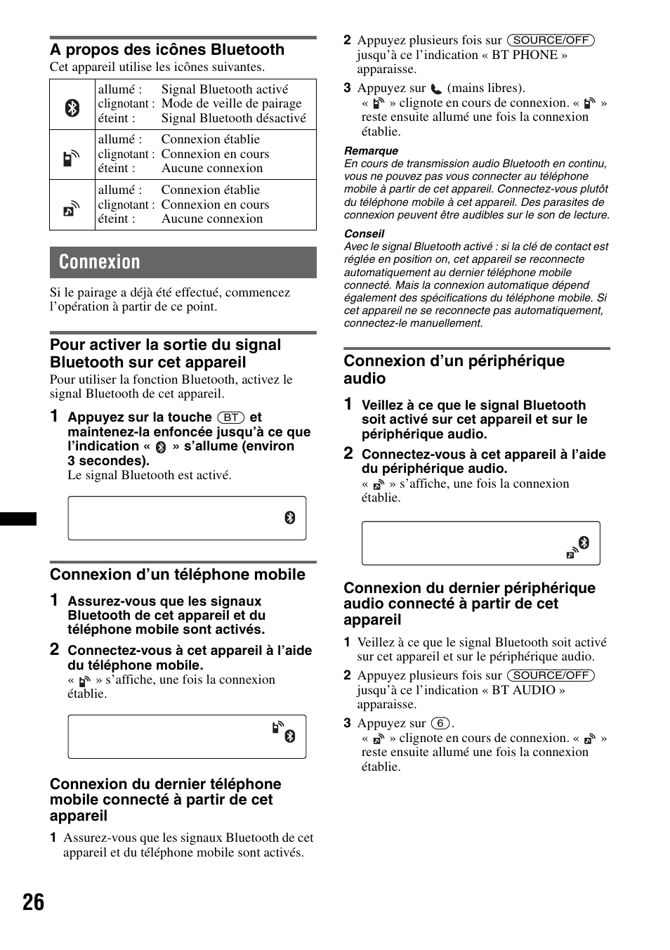 A propos des icônes bluetooth, Connexion, Connexion d’un téléphone mobile | Connexion d’un périphérique audio | Sony Bluetooth 4-158-429-31(1) User Manual | Page 100 / 196