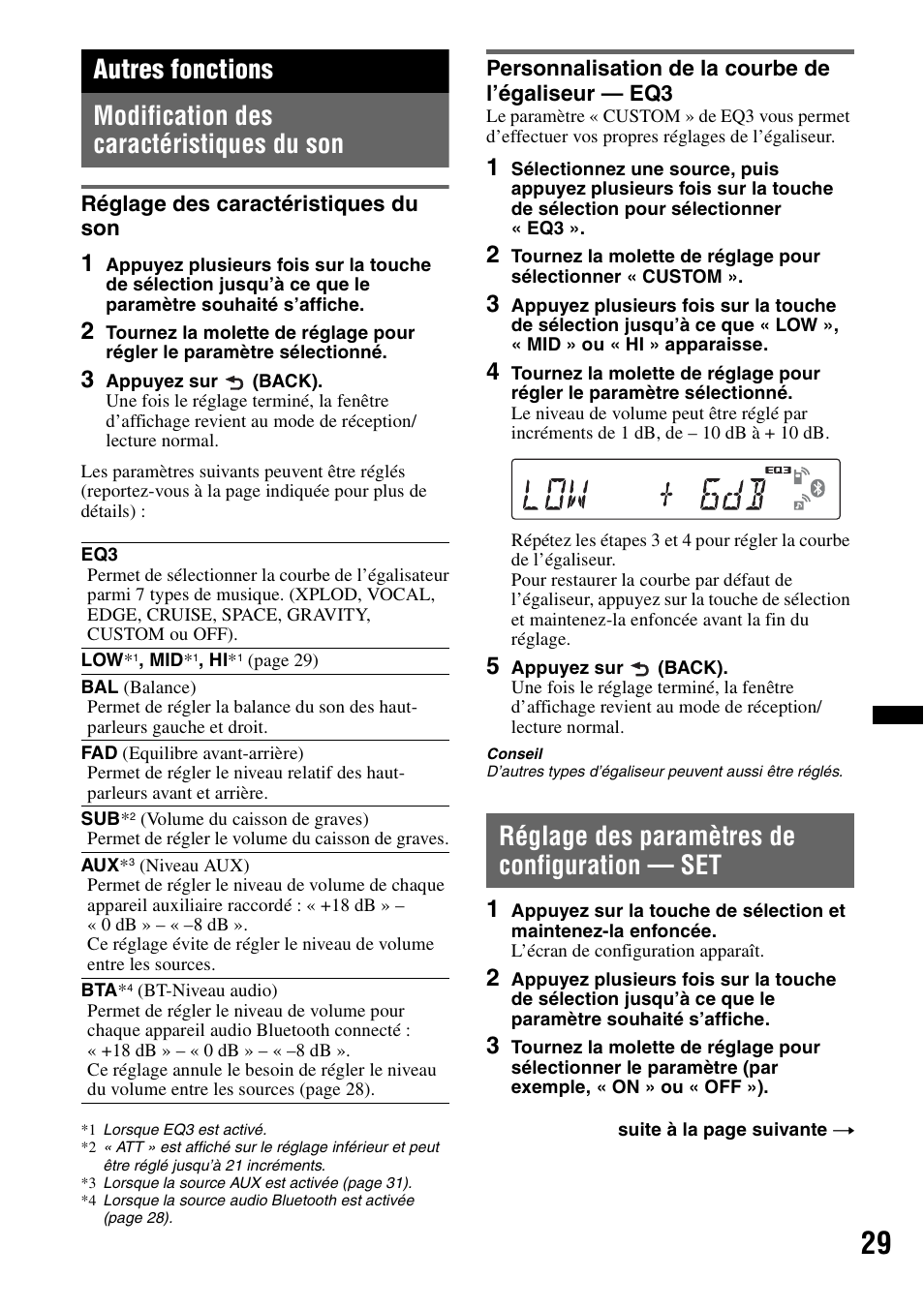 Autres fonctions, Modification des caractéristiques du son, Réglage des caractéristiques du son | Personnalisation de la courbe de l’égaliseur - eq3, Réglage des paramètres de configuration - set, Réglage des paramètres de configuration — set | Sony Bluetooth 4-158-429-31(1) User Manual | Page 103 / 196