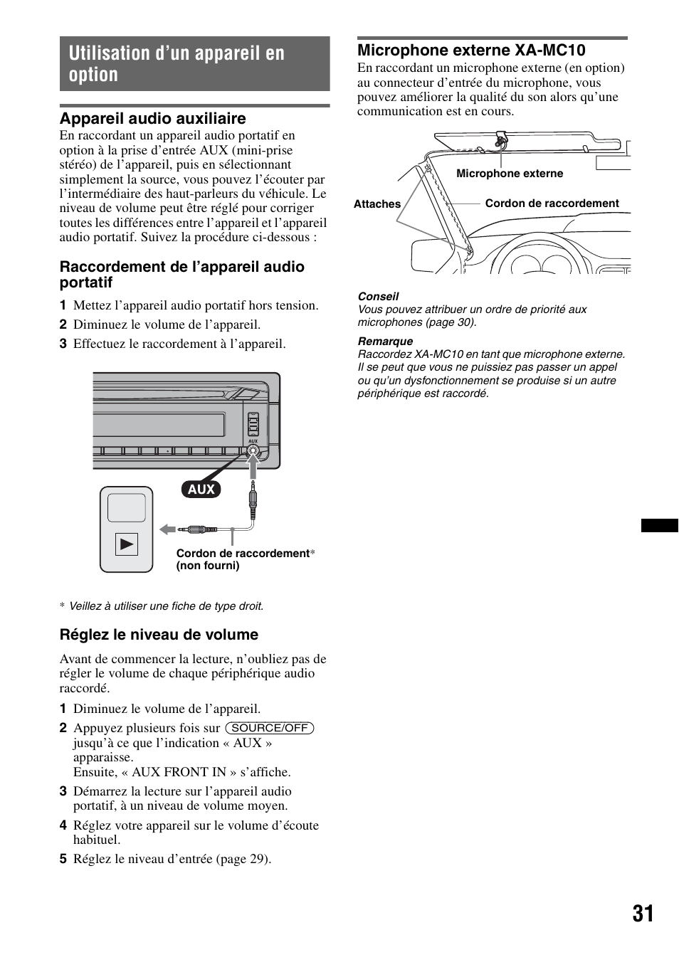 Utilisation d’un appareil en option, Appareil audio auxiliaire, Microphone externe xa-mc10 | Sony Bluetooth 4-158-429-31(1) User Manual | Page 105 / 196