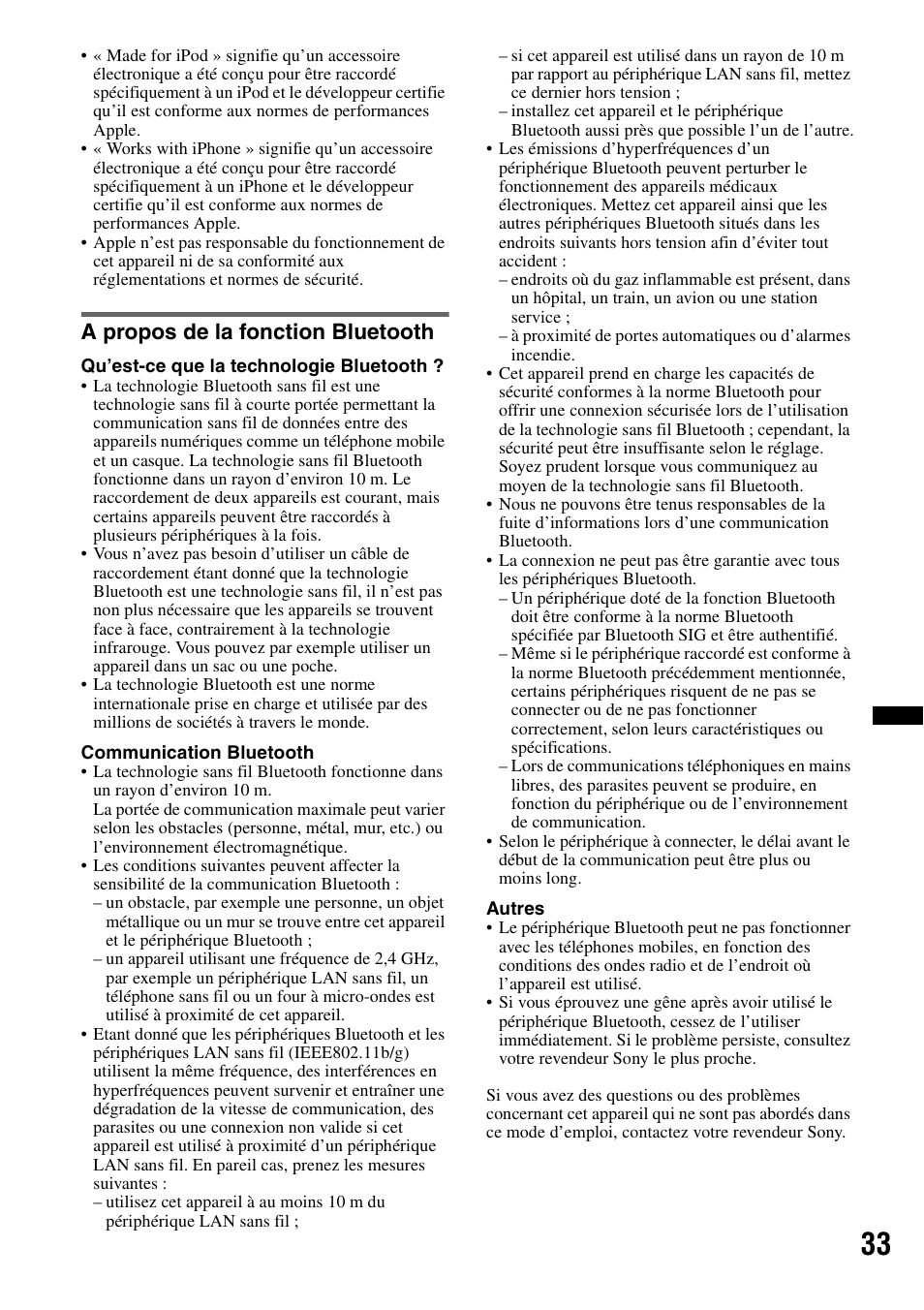 A propos de la fonction bluetooth | Sony Bluetooth 4-158-429-31(1) User Manual | Page 107 / 196