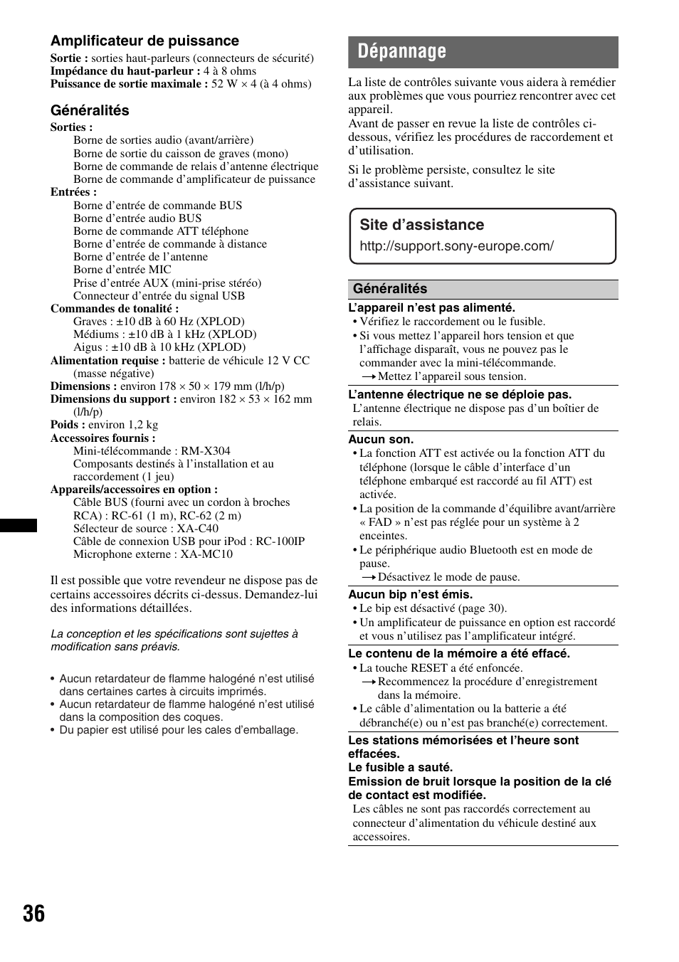 Dépannage, Site d’assistance | Sony Bluetooth 4-158-429-31(1) User Manual | Page 110 / 196