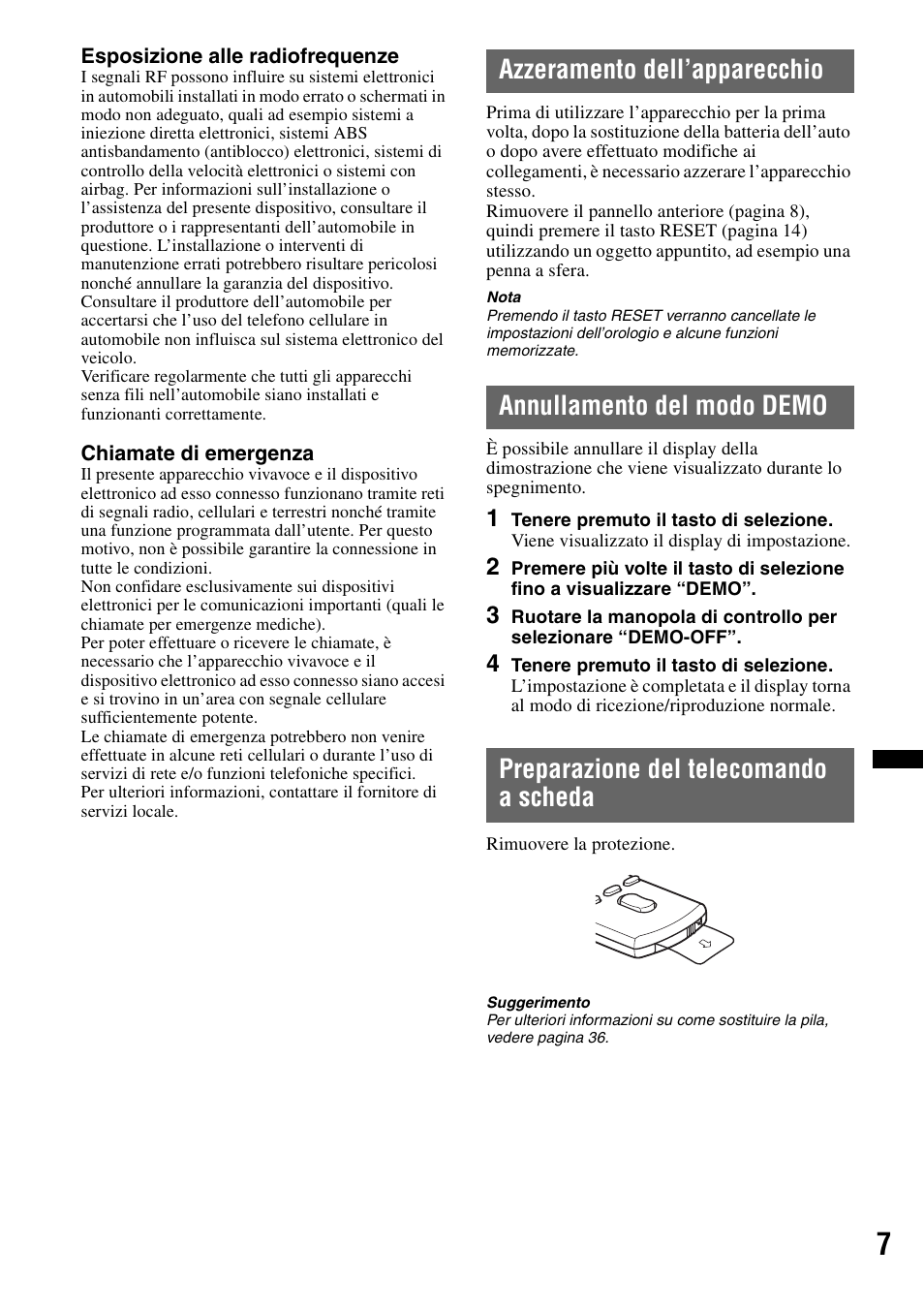Azzeramento dell’apparecchio, Annullamento del modo demo, Preparazione del telecomando a scheda | Sony Bluetooth 4-158-429-31(1) User Manual | Page 119 / 196