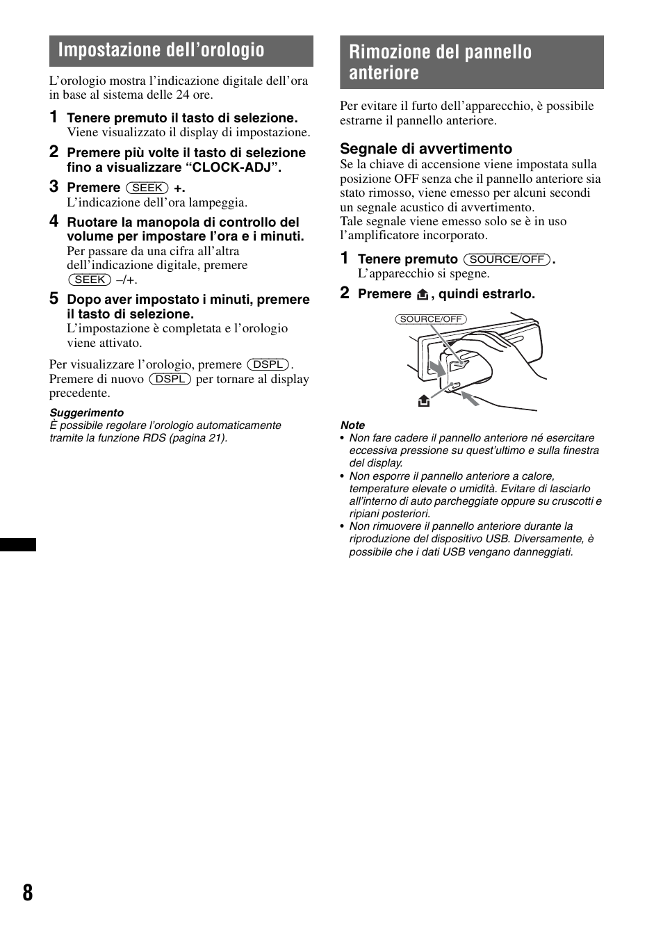 Impostazione dell’orologio, Rimozione del pannello anteriore | Sony Bluetooth 4-158-429-31(1) User Manual | Page 120 / 196