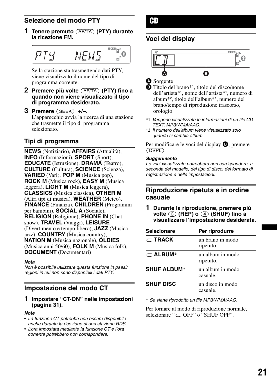 Selezione del modo pty, Impostazione del modo ct, Voci del display | Riproduzione ripetuta e in ordine casuale, Selezione del modo pty impostazione del modo ct | Sony Bluetooth 4-158-429-31(1) User Manual | Page 133 / 196
