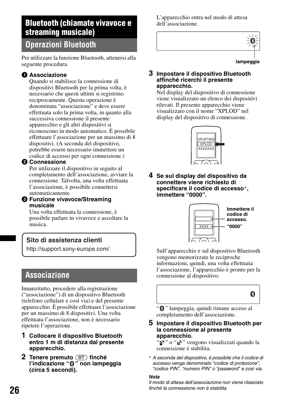 Bluetooth (chiamate vivavoce e streaming musicale), Operazioni bluetooth, Associazione | Operazioni bluetooth associazione | Sony Bluetooth 4-158-429-31(1) User Manual | Page 138 / 196