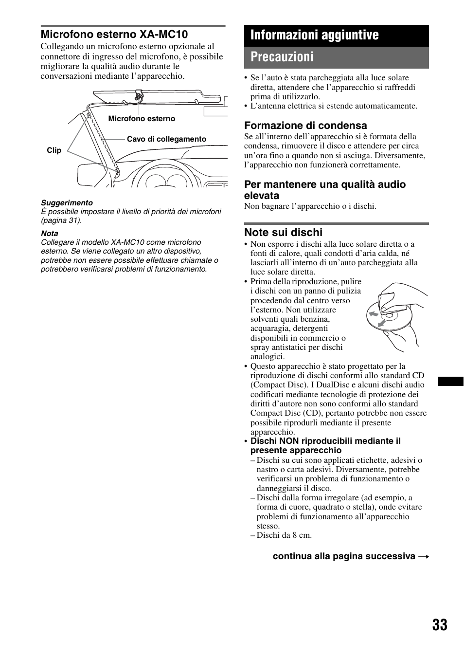 Microfono esterno xa-mc10, Informazioni aggiuntive, Precauzioni | Note sui dischi, Informazioni aggiuntive precauzioni | Sony Bluetooth 4-158-429-31(1) User Manual | Page 145 / 196