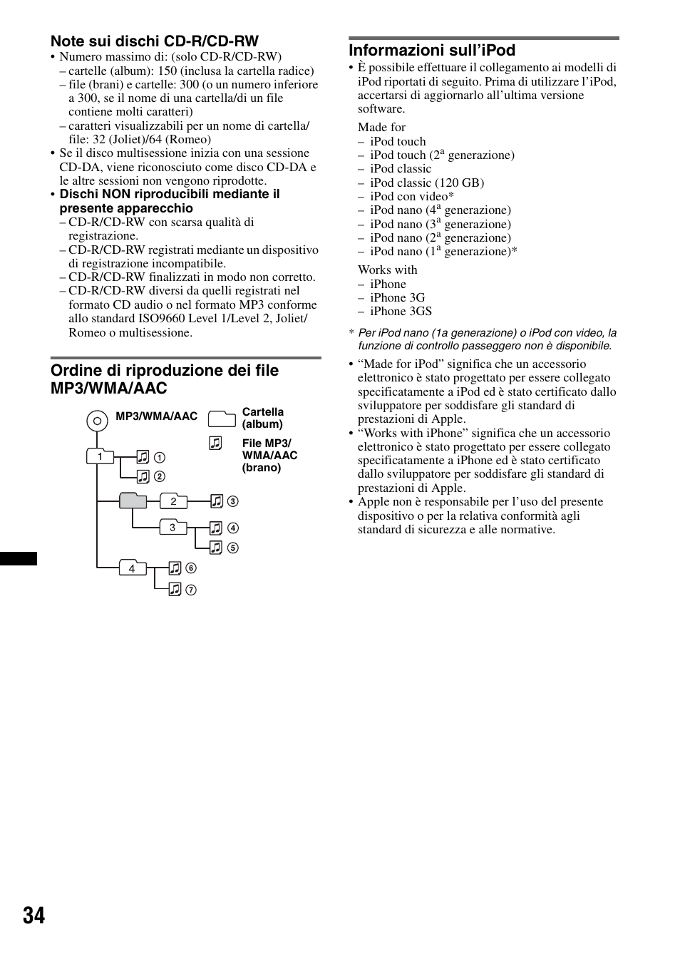 Ordine di riproduzione dei file mp3/wma/aac, Informazioni sull’ipod | Sony Bluetooth 4-158-429-31(1) User Manual | Page 146 / 196