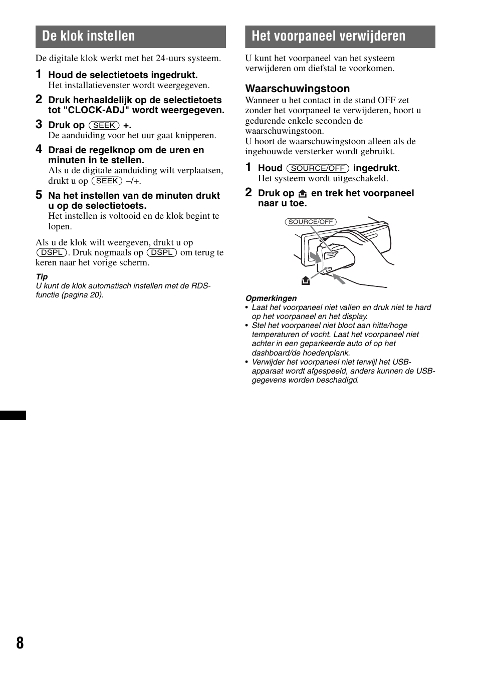 De klok instellen, Het voorpaneel verwijderen, De klok instellen het voorpaneel verwijderen | Sony Bluetooth 4-158-429-31(1) User Manual | Page 160 / 196
