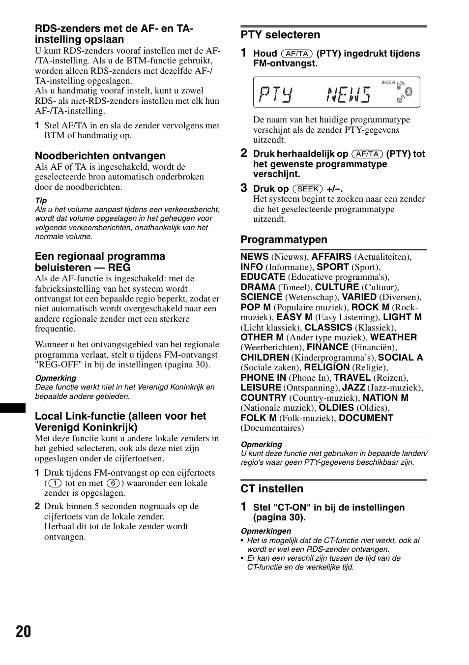 Pty selecteren, Ct instellen, Pty selecteren ct instellen | Sony Bluetooth 4-158-429-31(1) User Manual | Page 172 / 196
