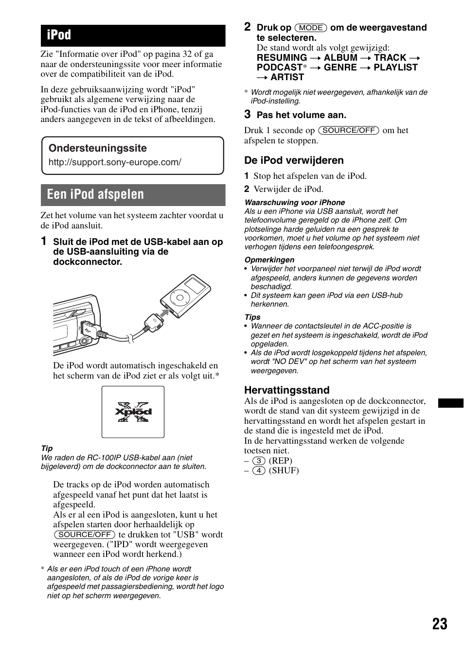 Ipod, Een ipod afspelen, De ipod verwijderen | Hervattingsstand, Ondersteuningssite | Sony Bluetooth 4-158-429-31(1) User Manual | Page 175 / 196