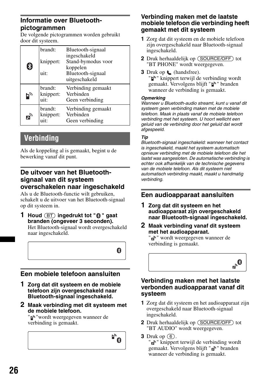 Informatie over bluetooth- pictogrammen, Verbinding, Een mobiele telefoon aansluiten | Een audioapparaat aansluiten, Informatie over bluetooth-pictogrammen | Sony Bluetooth 4-158-429-31(1) User Manual | Page 178 / 196