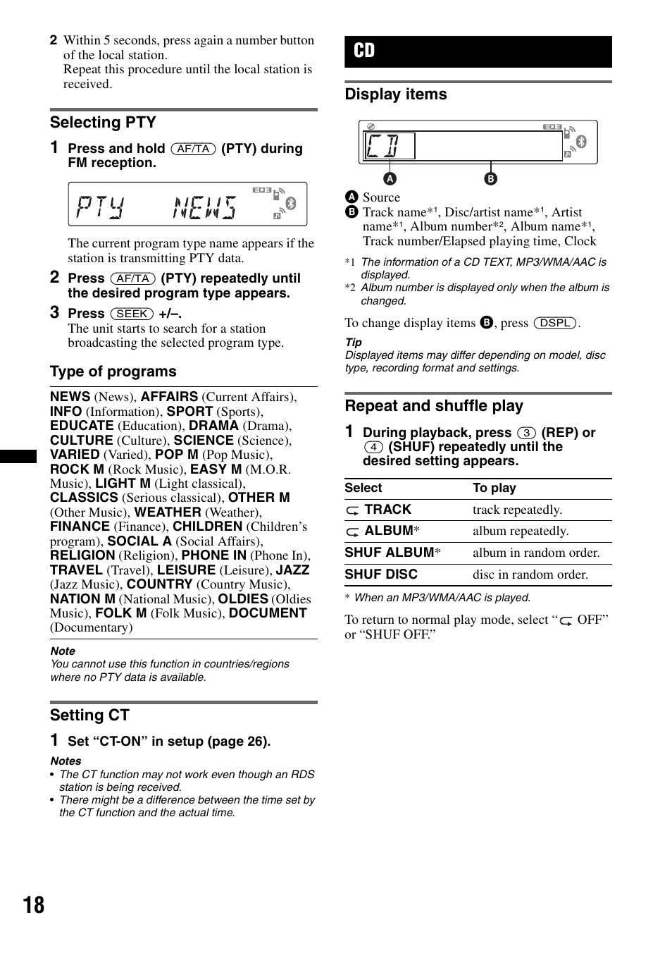 Selecting pty, Setting ct, Display items | Repeat and shuffle play, Selecting pty setting ct, Display items repeat and shuffle play | Sony Bluetooth 4-158-429-31(1) User Manual | Page 18 / 196