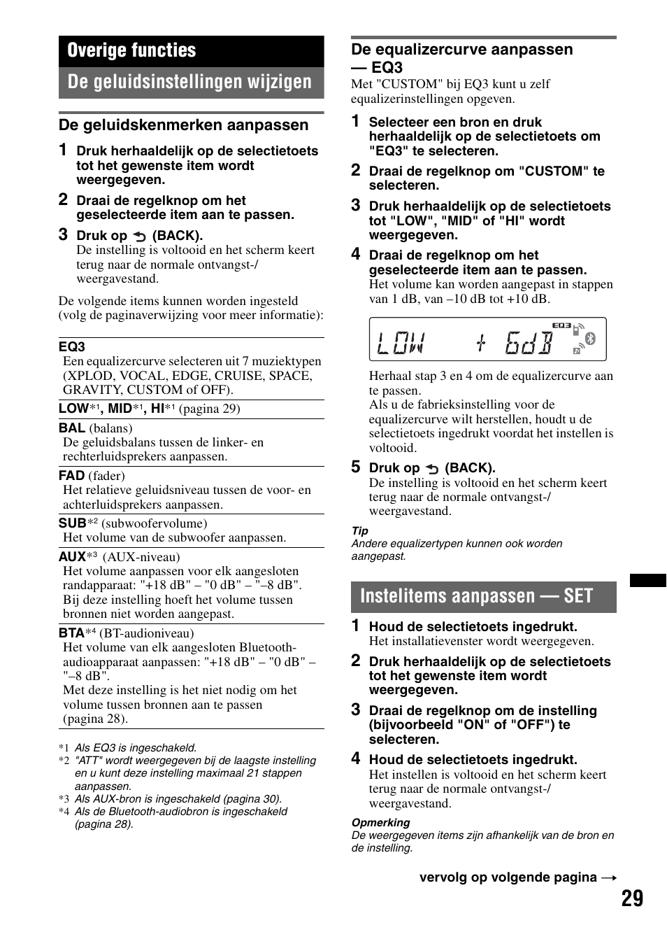 Overige functies, De geluidsinstellingen wijzigen, De geluidskenmerken aanpassen | De equalizercurve aanpassen - eq3, Instelitems aanpassen - set, Instelitems aanpassen — set, Overige functies de geluidsinstellingen wijzigen | Sony Bluetooth 4-158-429-31(1) User Manual | Page 181 / 196