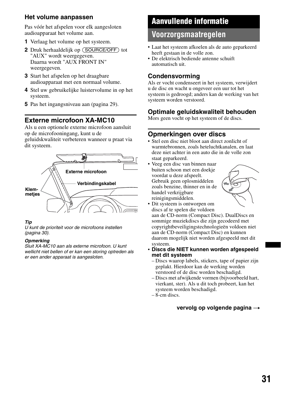 Externe microfoon xa-mc10, Aanvullende informatie, Voorzorgsmaatregelen | Opmerkingen over discs, Aanvullende informatie voorzorgsmaatregelen | Sony Bluetooth 4-158-429-31(1) User Manual | Page 183 / 196