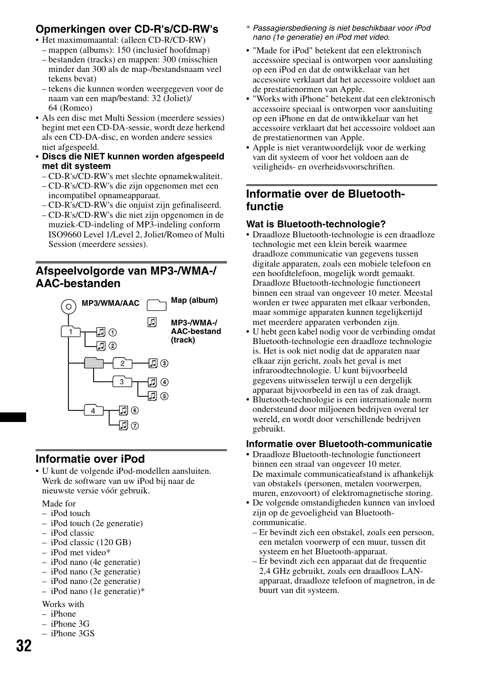 Afspeelvolgorde van mp3-/wma-/aac-bestanden, Informatie over ipod, Informatie over de bluetooth- functie | Sony Bluetooth 4-158-429-31(1) User Manual | Page 184 / 196