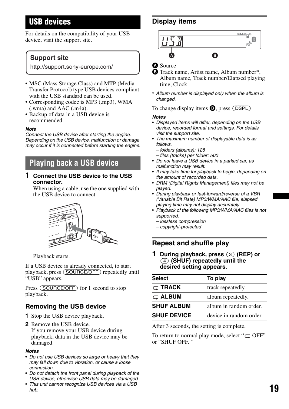 Usb devices, Playing back a usb device, Display items | Repeat and shuffle play, Display items repeat and shuffle play | Sony Bluetooth 4-158-429-31(1) User Manual | Page 19 / 196