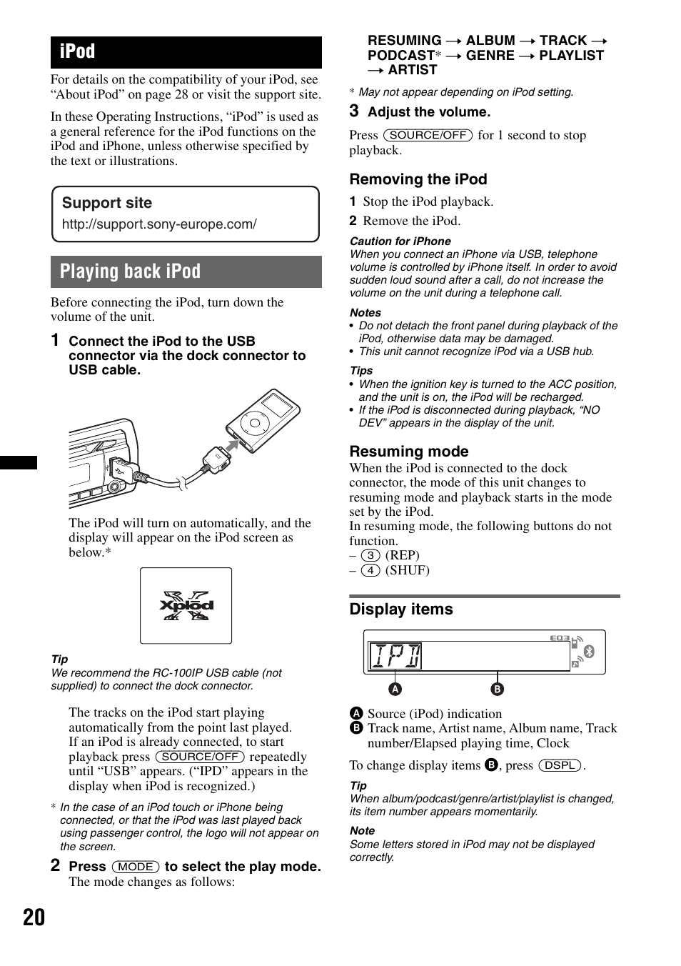Ipod, Playing back ipod, Display items | Removing the ipod, Resuming mode, Support site | Sony Bluetooth 4-158-429-31(1) User Manual | Page 20 / 196