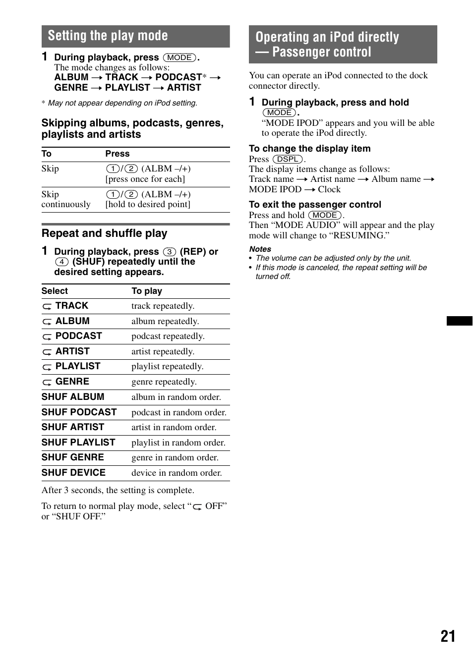 Setting the play mode, Repeat and shuffle play, Operating an ipod directly - passenger control | Operating an ipod directly — passenger control | Sony Bluetooth 4-158-429-31(1) User Manual | Page 21 / 196