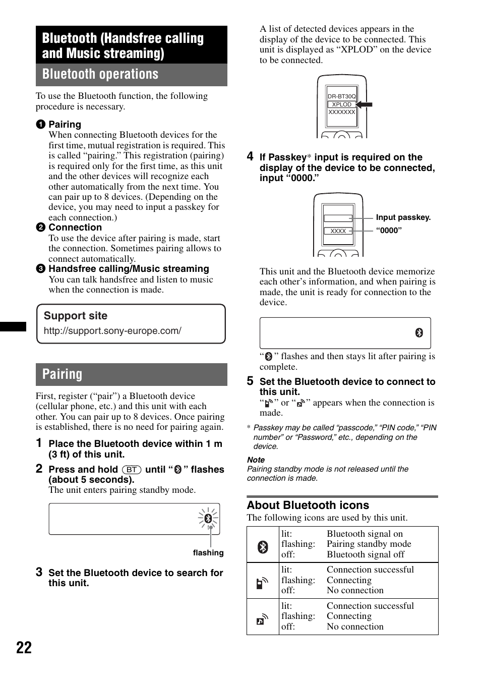 Bluetooth (handsfree calling and music streaming), Bluetooth operations, Pairing | About bluetooth icons, Bluetooth operations pairing | Sony Bluetooth 4-158-429-31(1) User Manual | Page 22 / 196