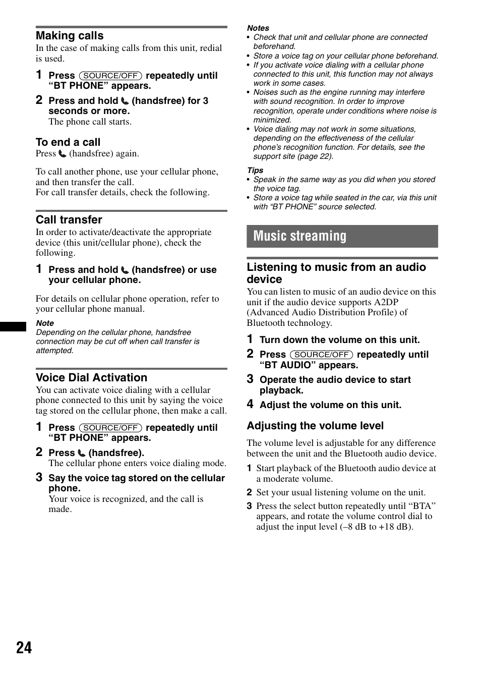 Making calls, Call transfer, Voice dial activation | Music streaming, Listening to music from an audio device, Making calls call transfer voice dial activation | Sony Bluetooth 4-158-429-31(1) User Manual | Page 24 / 196