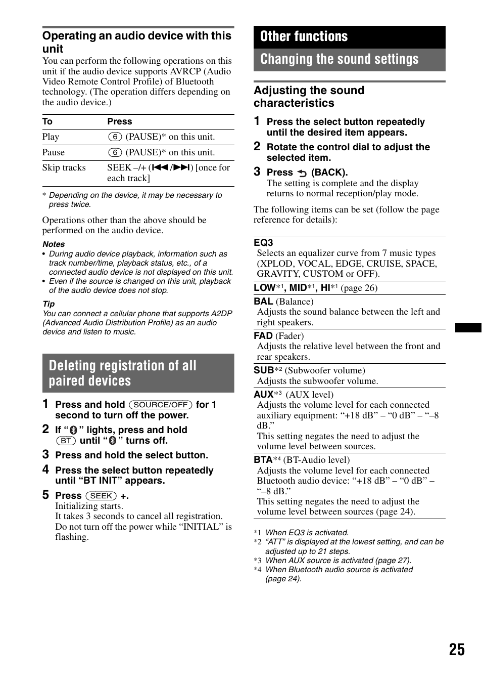 Operating an audio device with this unit, Deleting registration of all paired devices, Other functions | Changing the sound settings, Adjusting the sound characteristics, Other functions changing the sound settings | Sony Bluetooth 4-158-429-31(1) User Manual | Page 25 / 196
