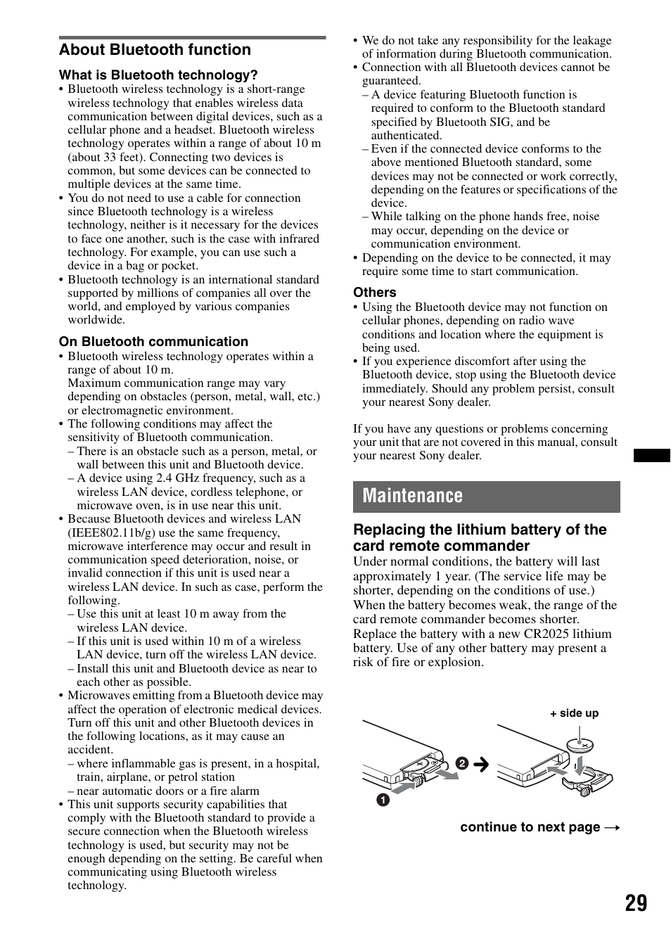 About bluetooth function, Maintenance | Sony Bluetooth 4-158-429-31(1) User Manual | Page 29 / 196