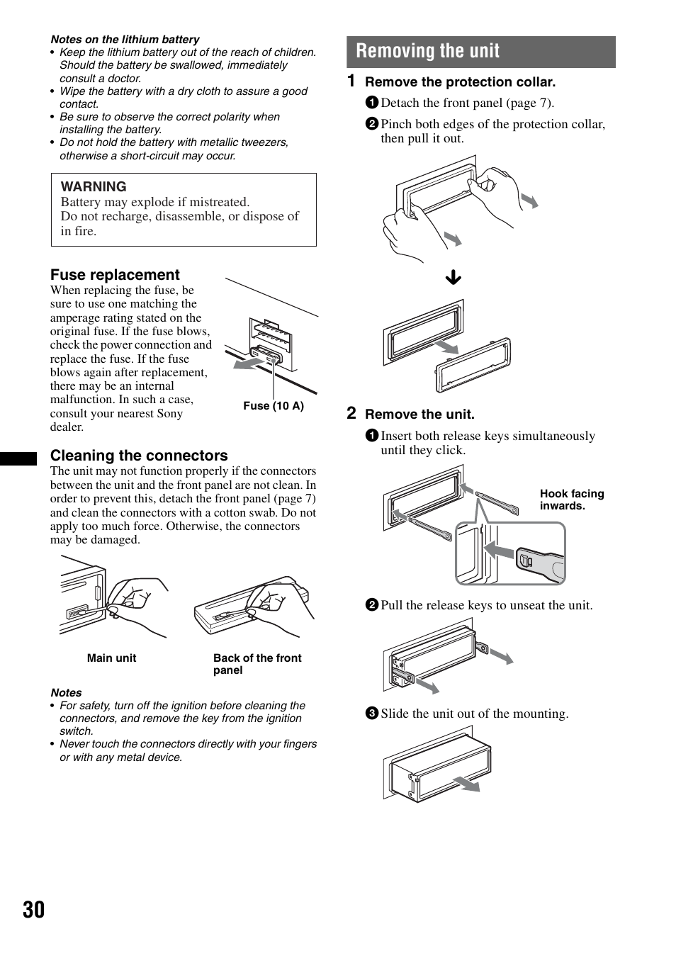 Removing the unit | Sony Bluetooth 4-158-429-31(1) User Manual | Page 30 / 196