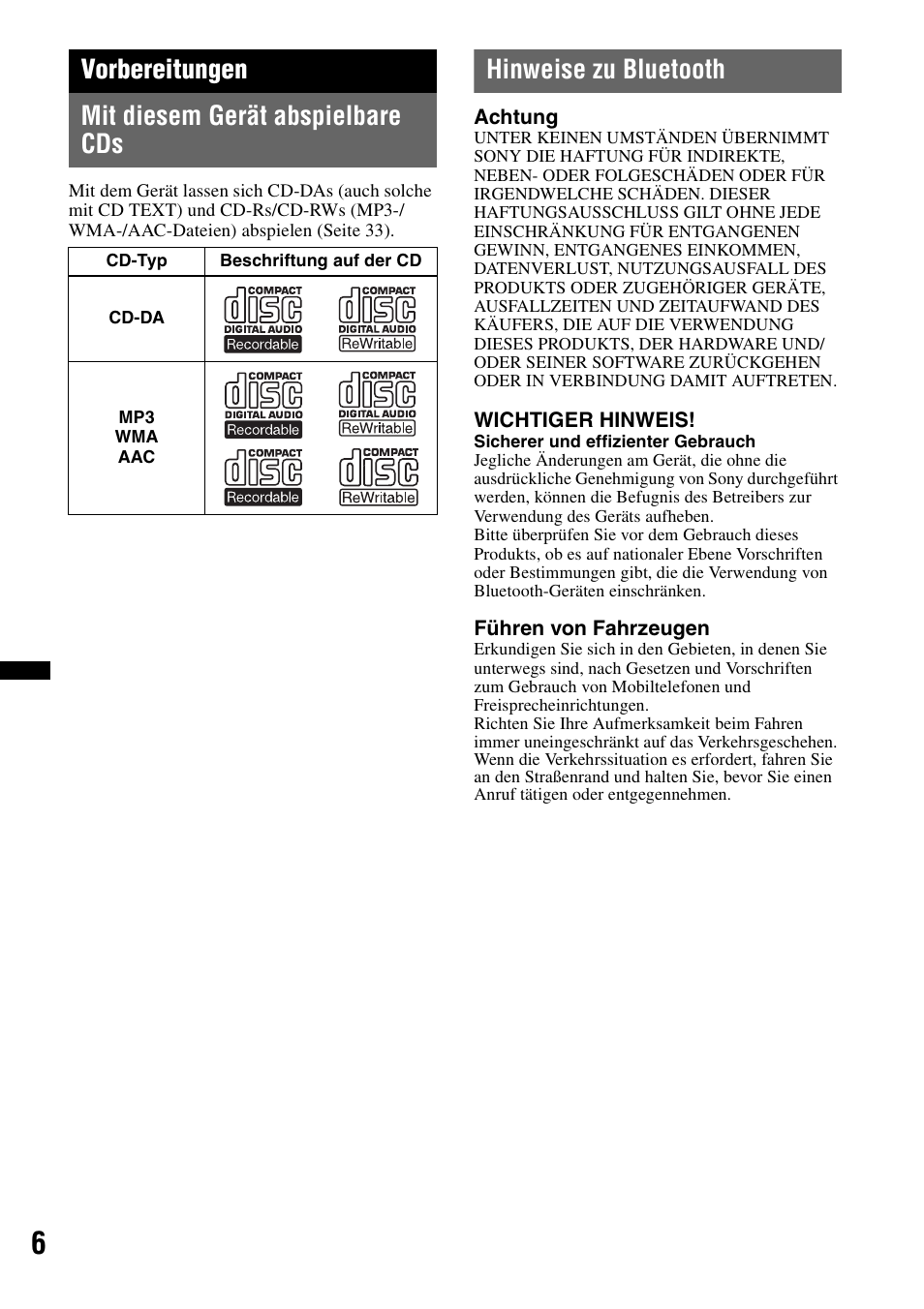 Vorbereitungen, Mit diesem gerät abspielbare cds, Hinweise zu bluetooth | Vorbereitungen mit diesem gerät abspielbare cds | Sony Bluetooth 4-158-429-31(1) User Manual | Page 40 / 196