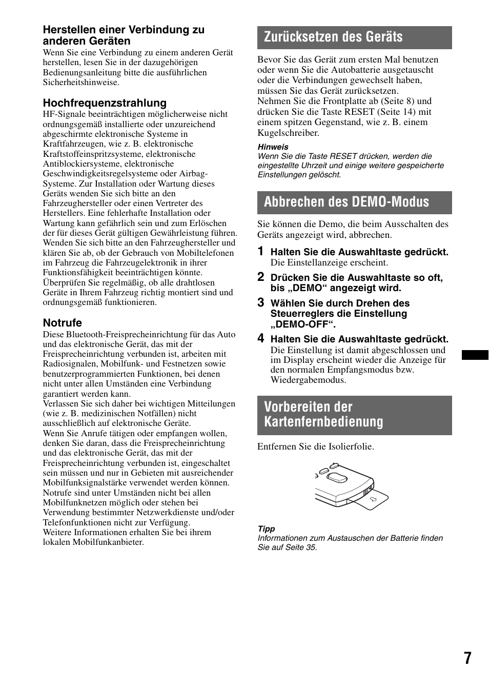 Zurücksetzen des geräts, Abbrechen des demo-modus, Vorbereiten der kartenfernbedienung | E auf seit | Sony Bluetooth 4-158-429-31(1) User Manual | Page 41 / 196