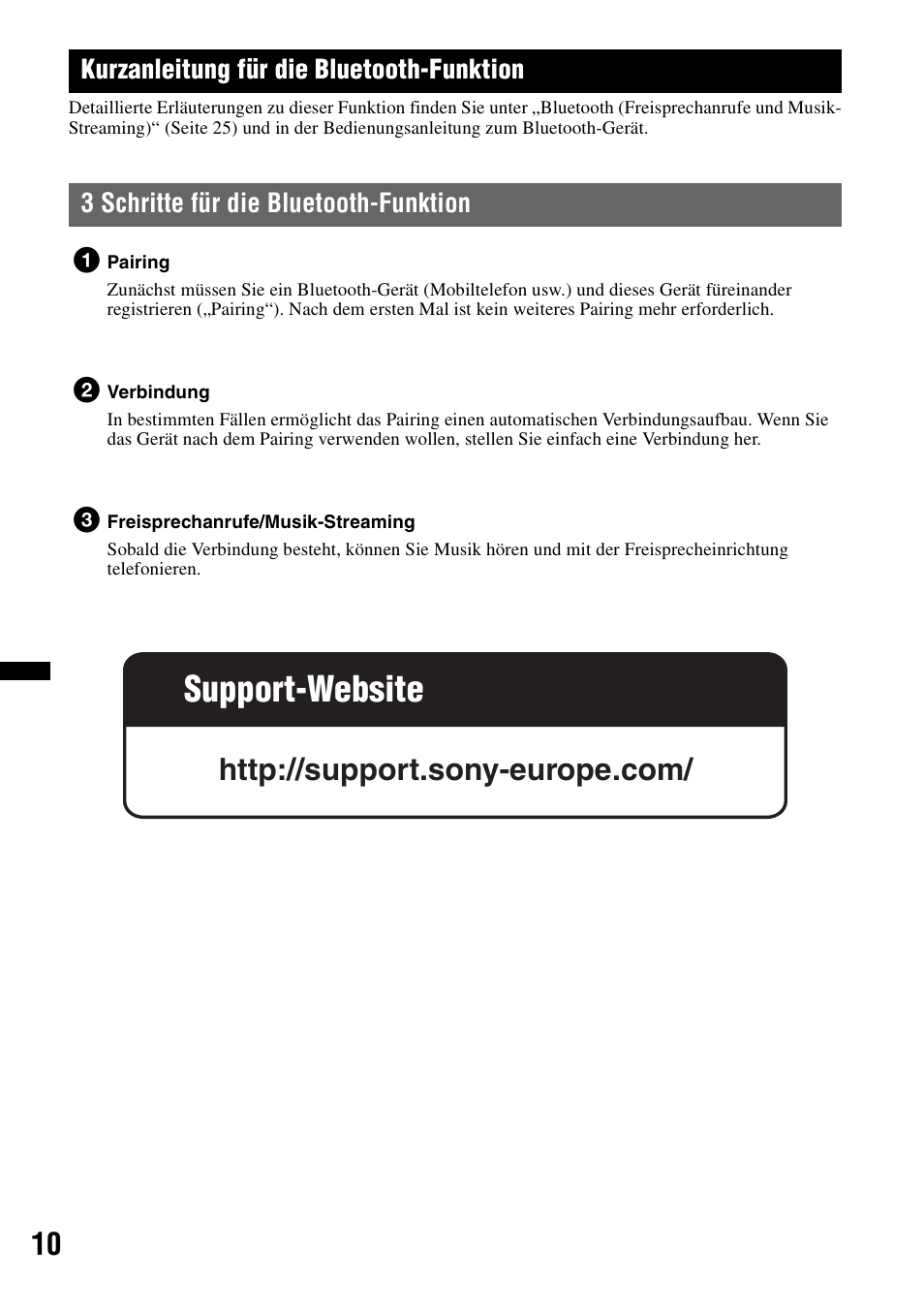 Kurzanleitung für die bluetooth-funktion, 3 schritte für die bluetooth-funktion, Kurzanleitung für die bluetooth- funktion | Support-website | Sony Bluetooth 4-158-429-31(1) User Manual | Page 44 / 196