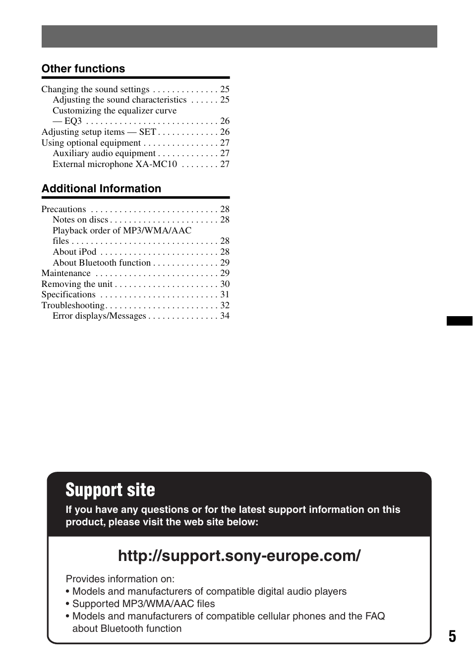 Support site | Sony Bluetooth 4-158-429-31(1) User Manual | Page 5 / 196