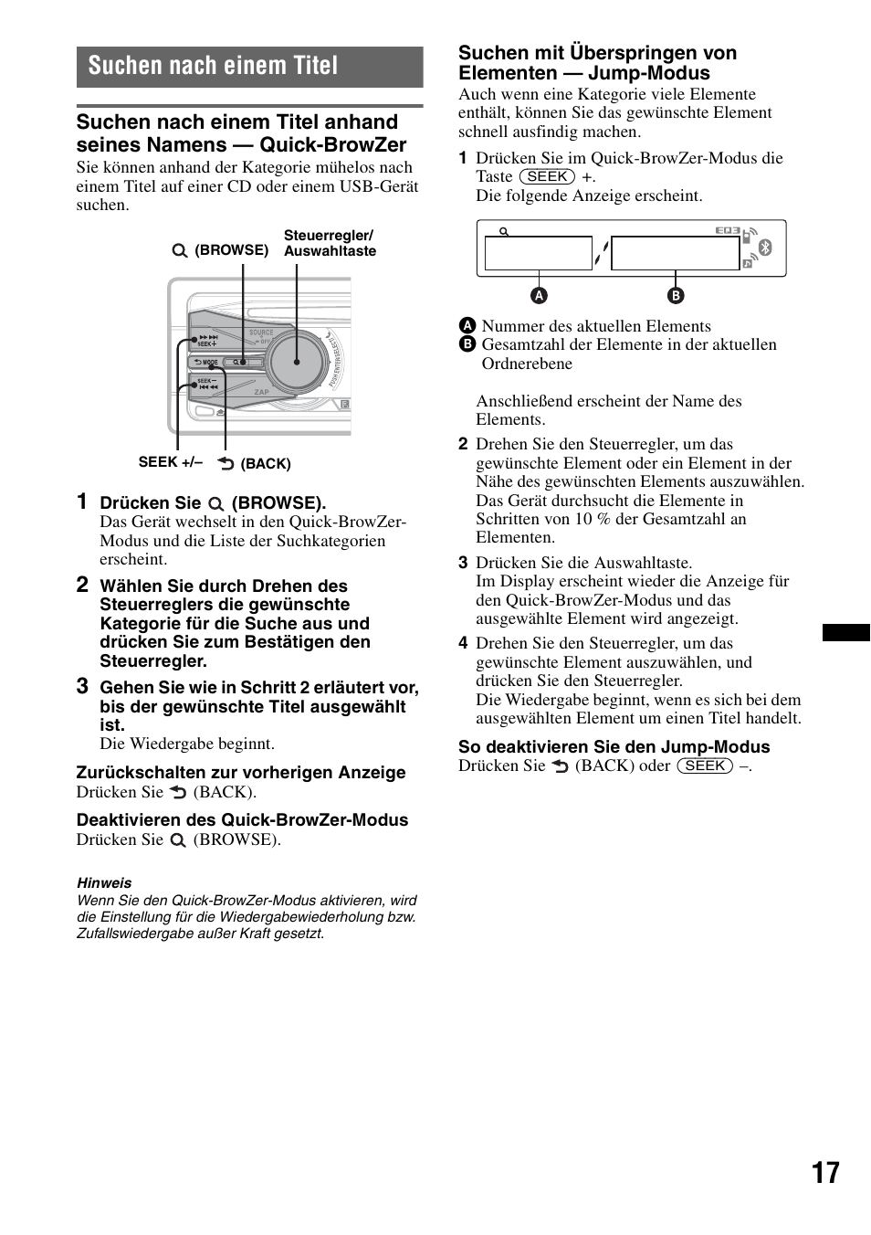 Suchen nach einem titel, Seite 17 | Sony Bluetooth 4-158-429-31(1) User Manual | Page 51 / 196