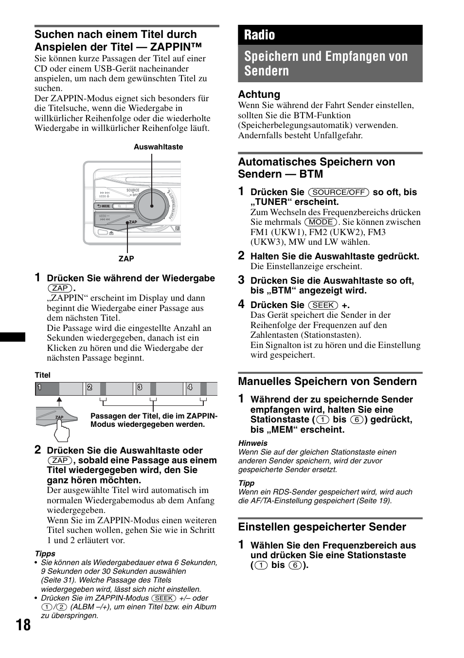 Radio, Speichern und empfangen von sendern, Automatisches speichern von sendern - btm | Manuelles speichern von sendern, Einstellen gespeicherter sender, Seite 18, Radio speichern und empfangen von sendern | Sony Bluetooth 4-158-429-31(1) User Manual | Page 52 / 196