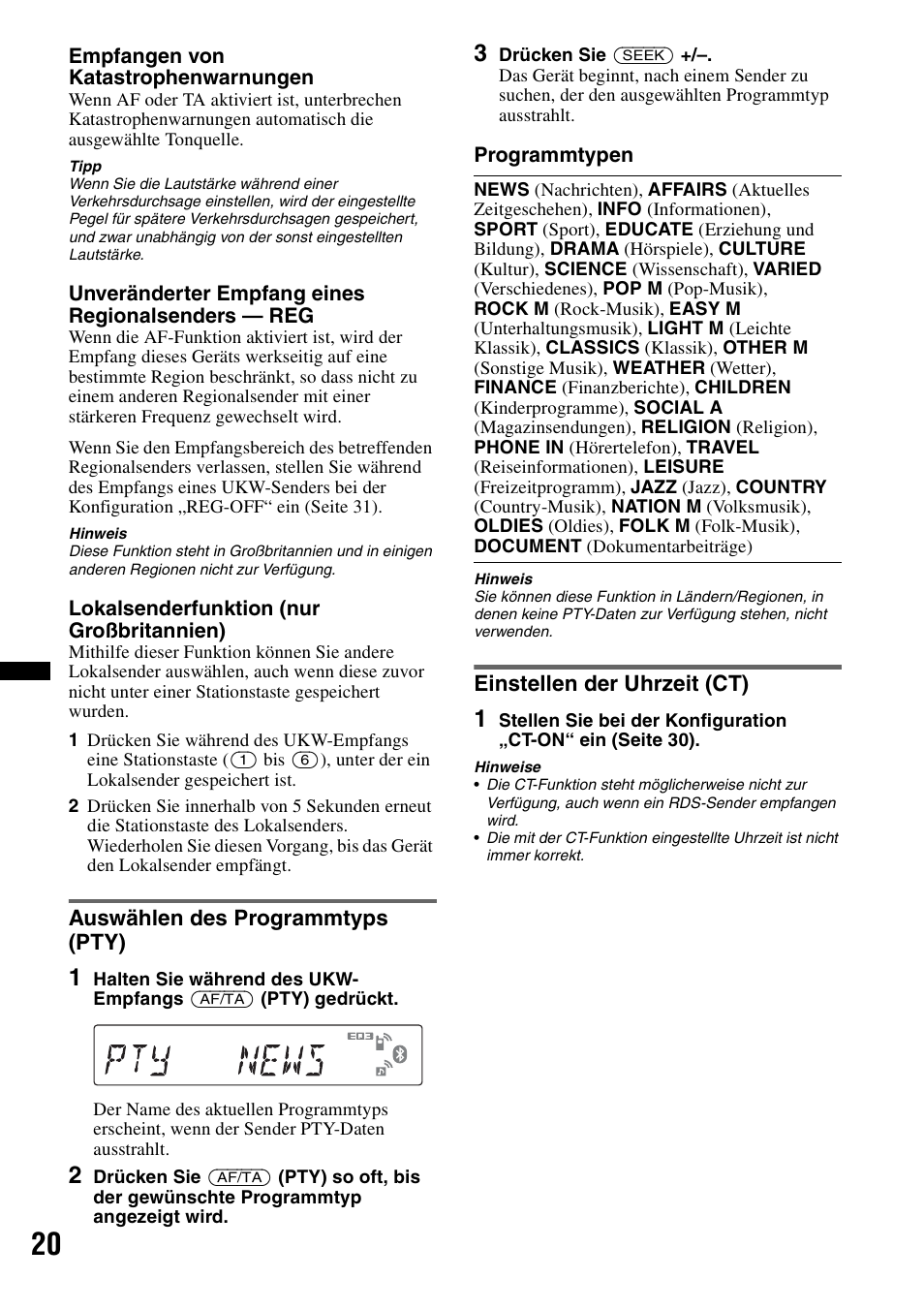 Auswählen des programmtyps (pty), Einstellen der uhrzeit (ct) | Sony Bluetooth 4-158-429-31(1) User Manual | Page 54 / 196