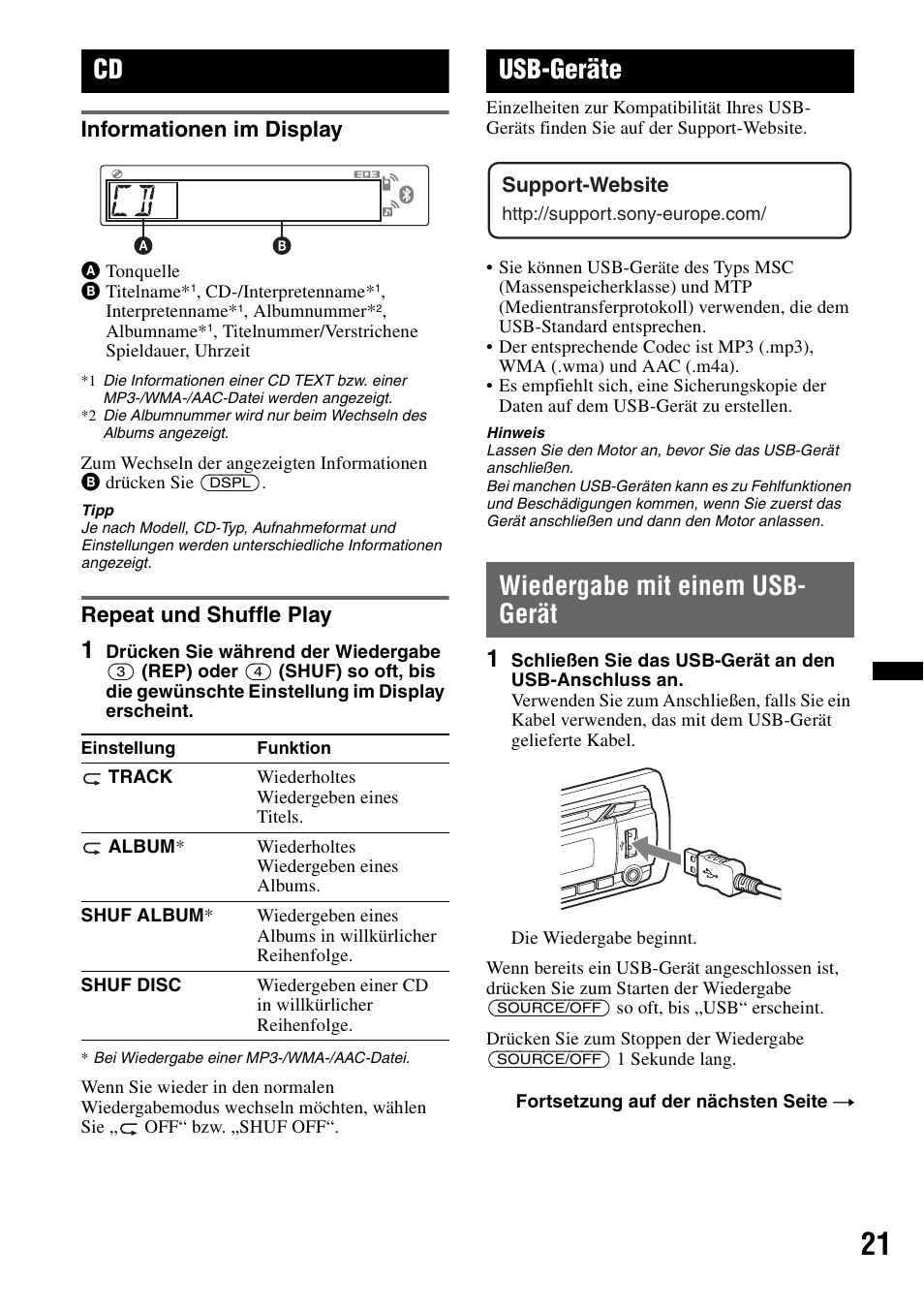 Informationen im display, Repeat und shuffle play, Usb-geräte | Wiedergabe mit einem usb- gerät, Informationen im display repeat und shuffle play, Wiedergabe mit einem usb-gerät, Seite 21 | Sony Bluetooth 4-158-429-31(1) User Manual | Page 55 / 196